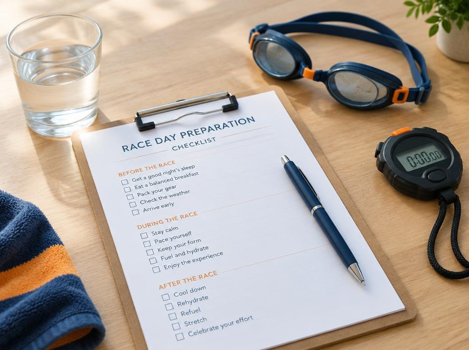 Printed race-day checklist with a pen, stopwatch and swimming goggles