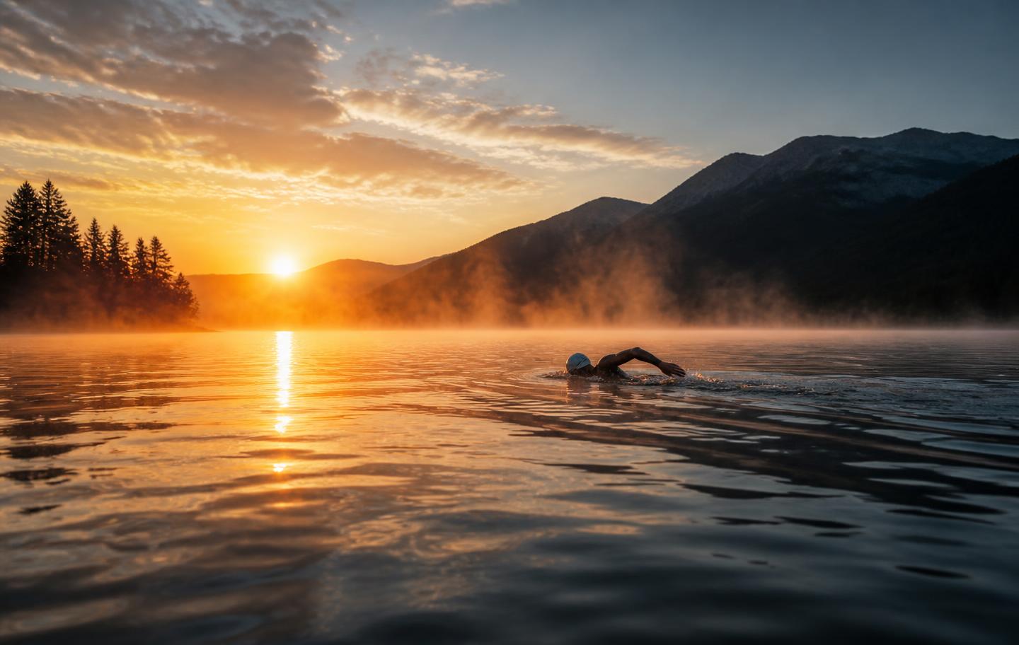 Open water swimmer at sunrise